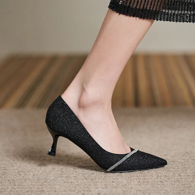 Black French style sequined high heels with 7cm thin heels and low upper height