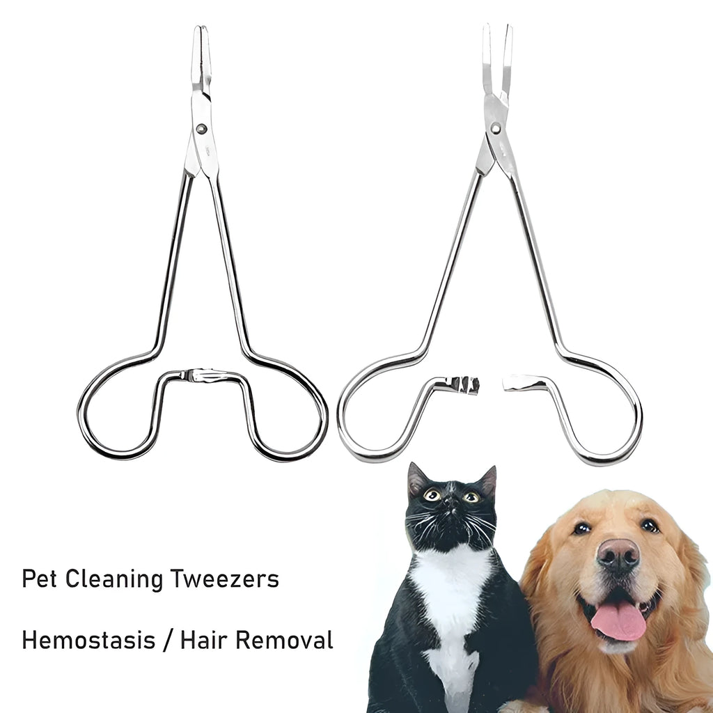 Silver stainless steel pet ear tweezers with anti-slip handle and curved tip for cats and dogs.