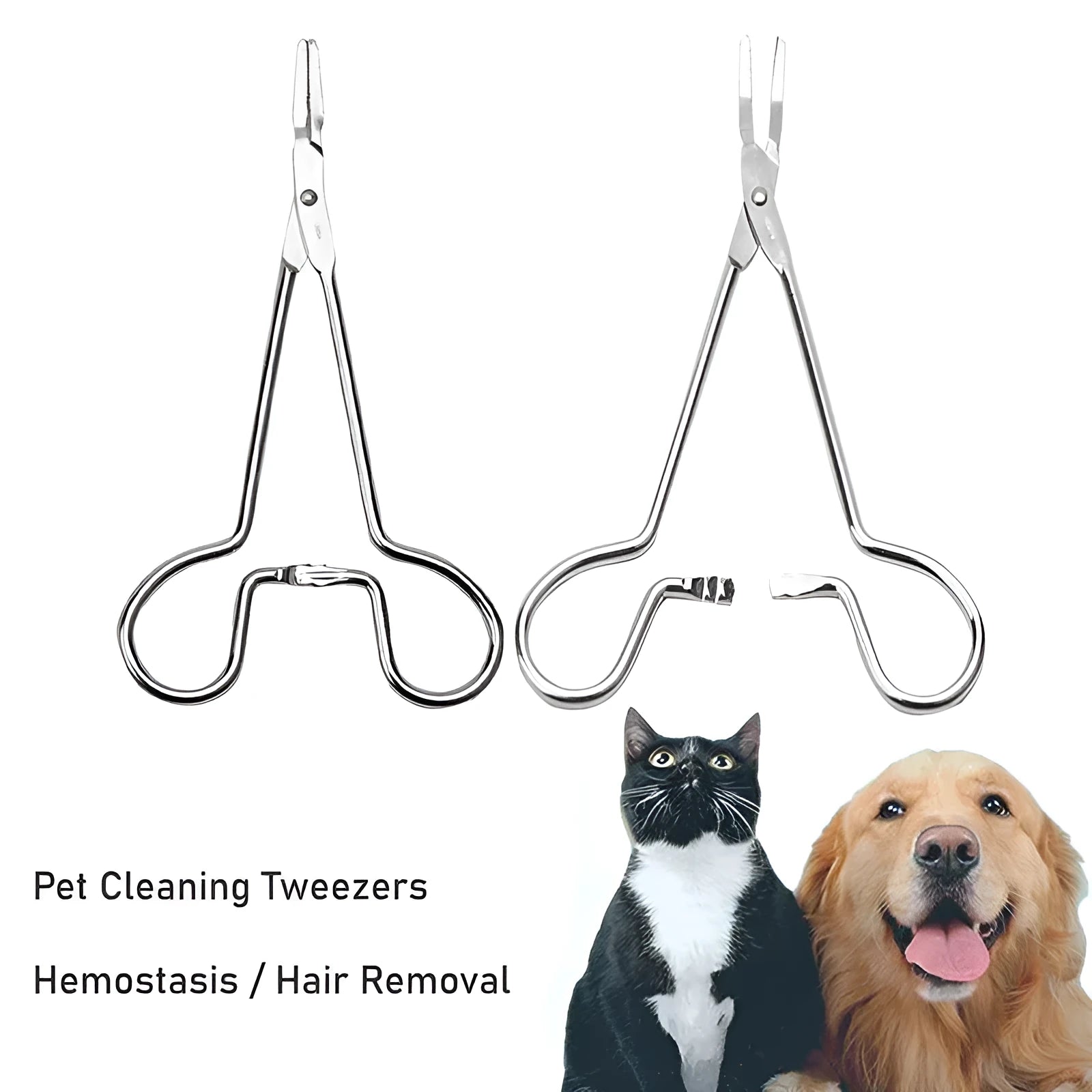 Silver stainless steel pet ear tweezers with anti-slip handle and curved tip for cats and dogs.