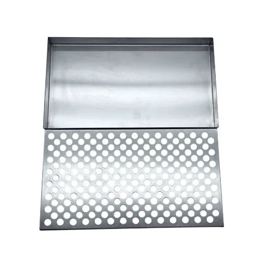 Silver rectangular 304 stainless steel wine dropping dish on a bar countertop, 30cm size