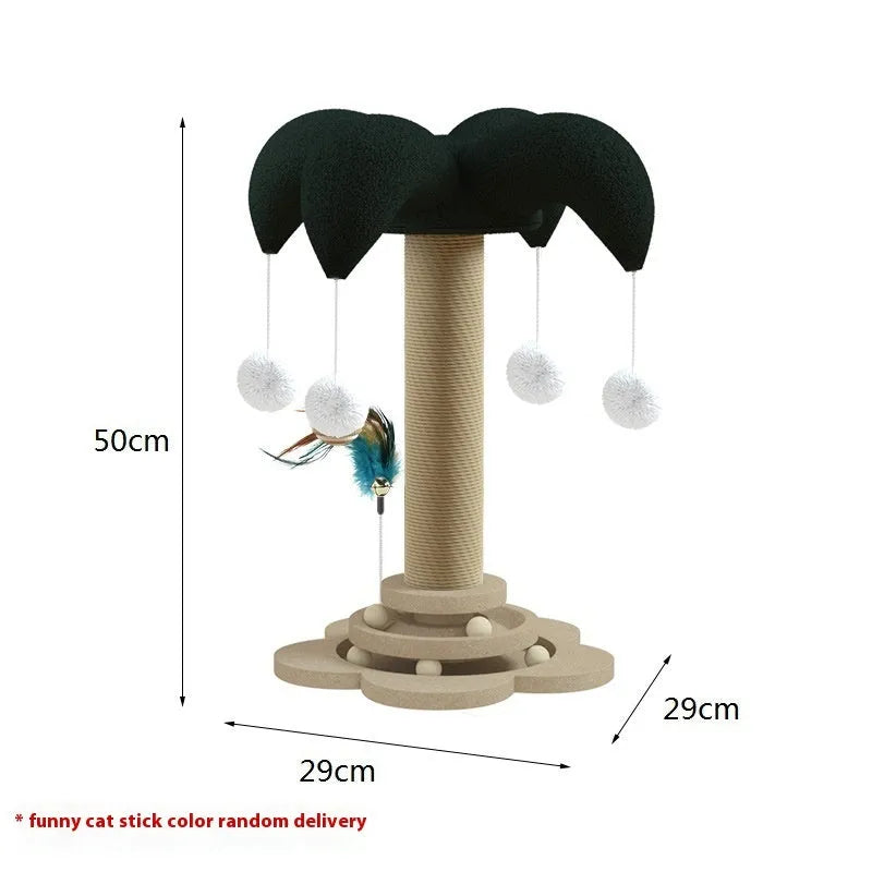 Solid wood cat climbing frame with rotating turntable and sisal scratching post in a panda design.