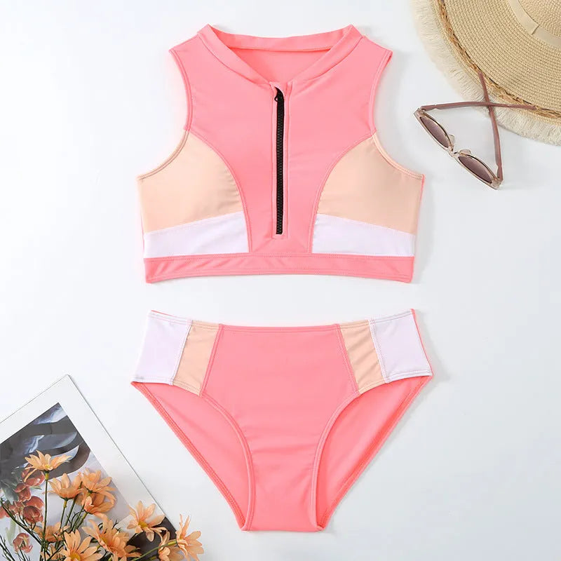 Pink high-waist split bikini swimsuit with briefs style on a mannequin.