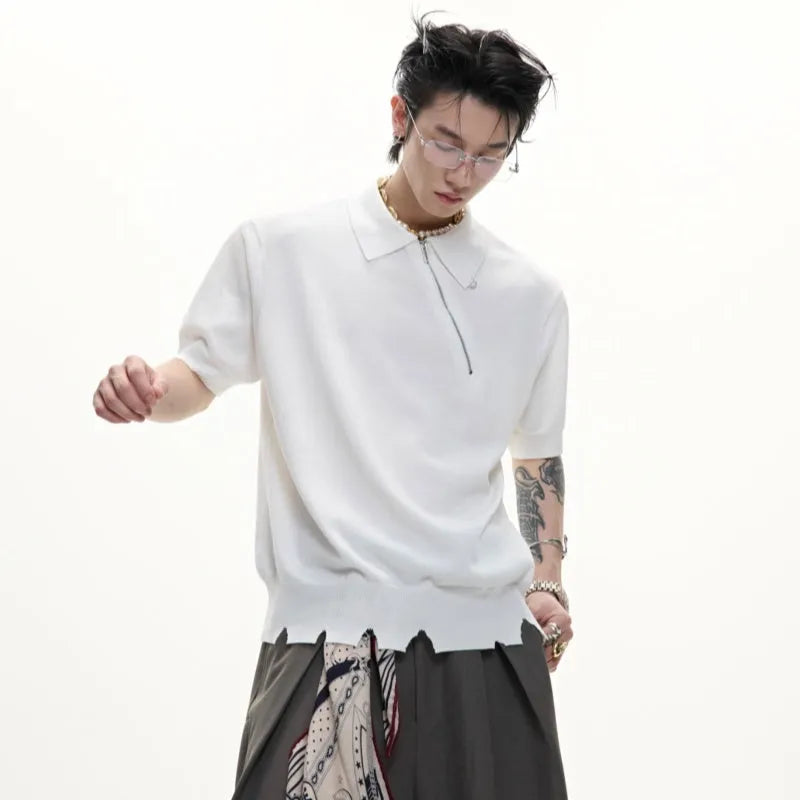 Ice-feel slim fit knitted polo shirt with oblique zipper collar in black, grey or white