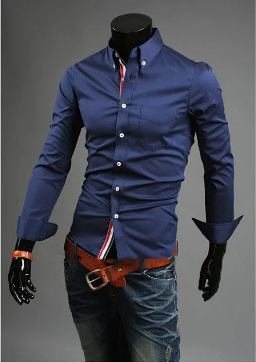 New men's long-sleeved cardigan lapel plain cotton blended shirt in navy blue with Asian sizing