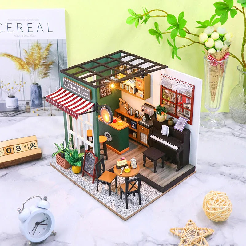Wooden coffee shop doll house model kit with flash function and wooden construction
