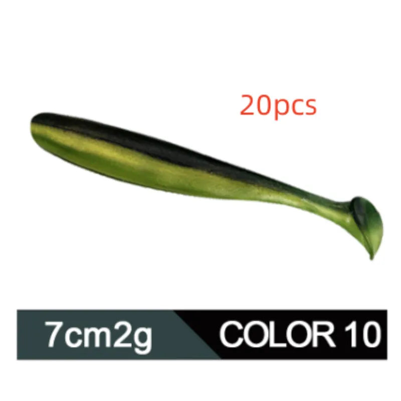 Two-tone soft plastic T-tail fishing lure measuring 7cm, shown in multiple colour variations.