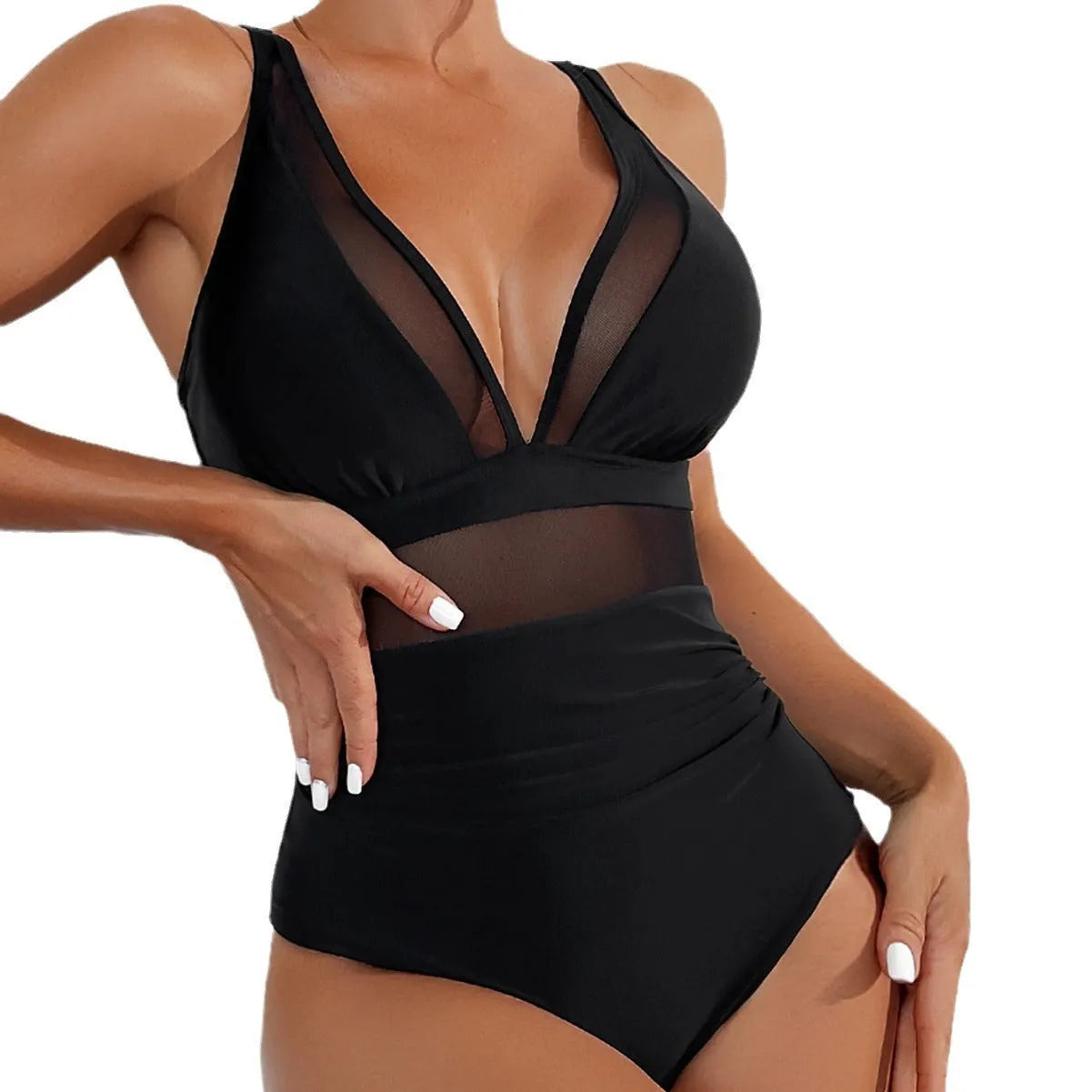 Black mesh halter bikini one-piece swimsuit for women in nylon fabric