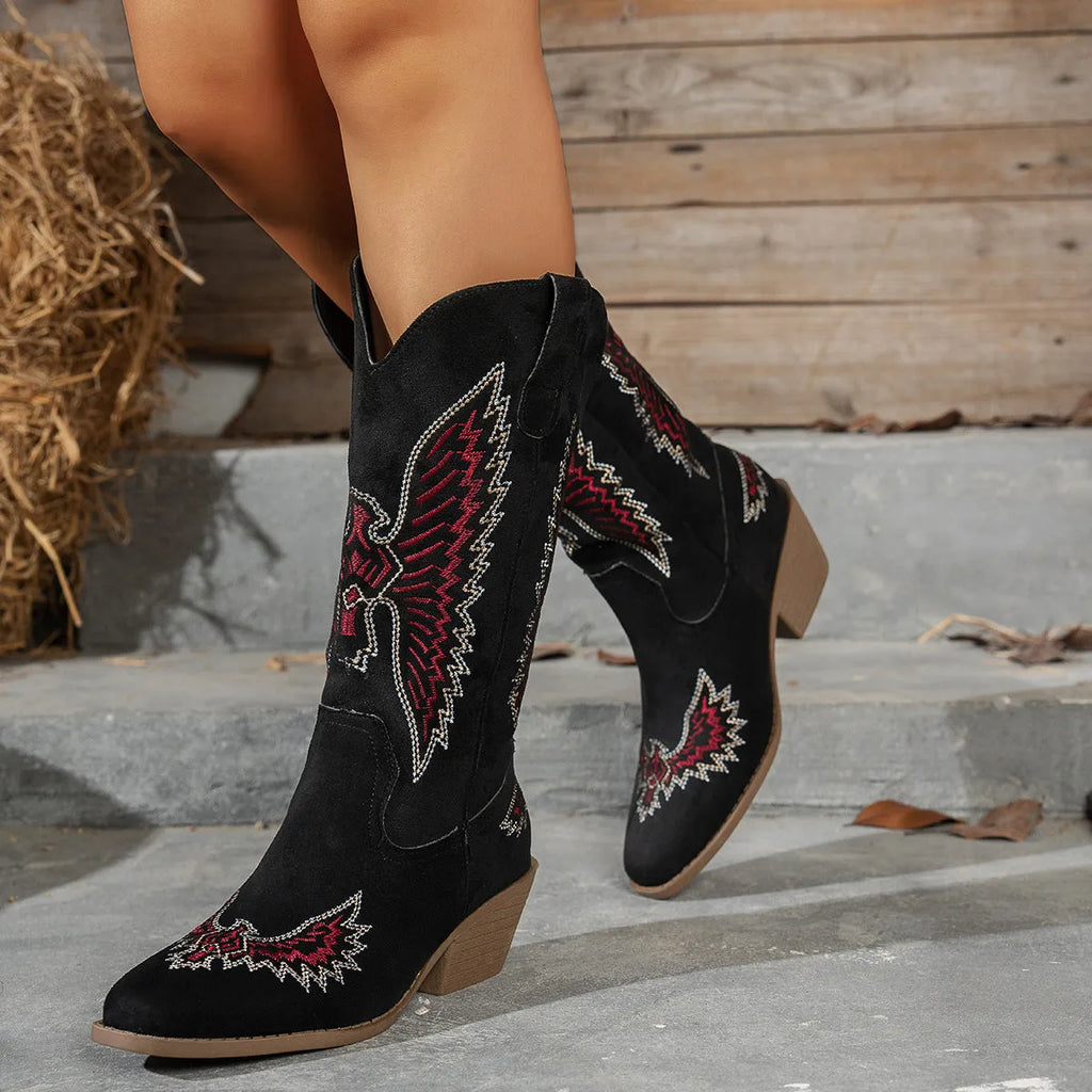 Women's suede embroidery mid heel knight cowboy boots in black with thick heel and high shaft