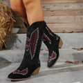 Women's suede embroidery mid heel knight cowboy boots in black with thick heel and high shaft