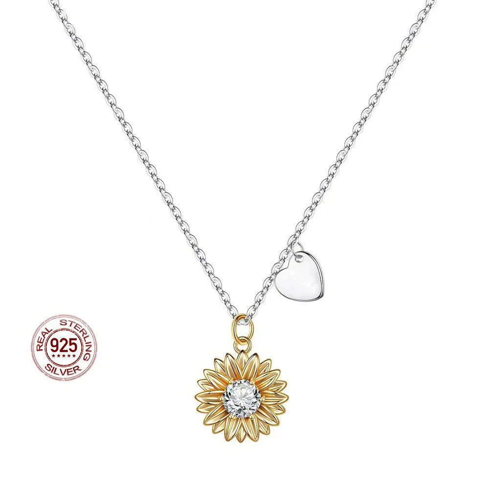 925 sterling silver sunflower necklace with geometric daisy pendant and adjustable cross chain for women.