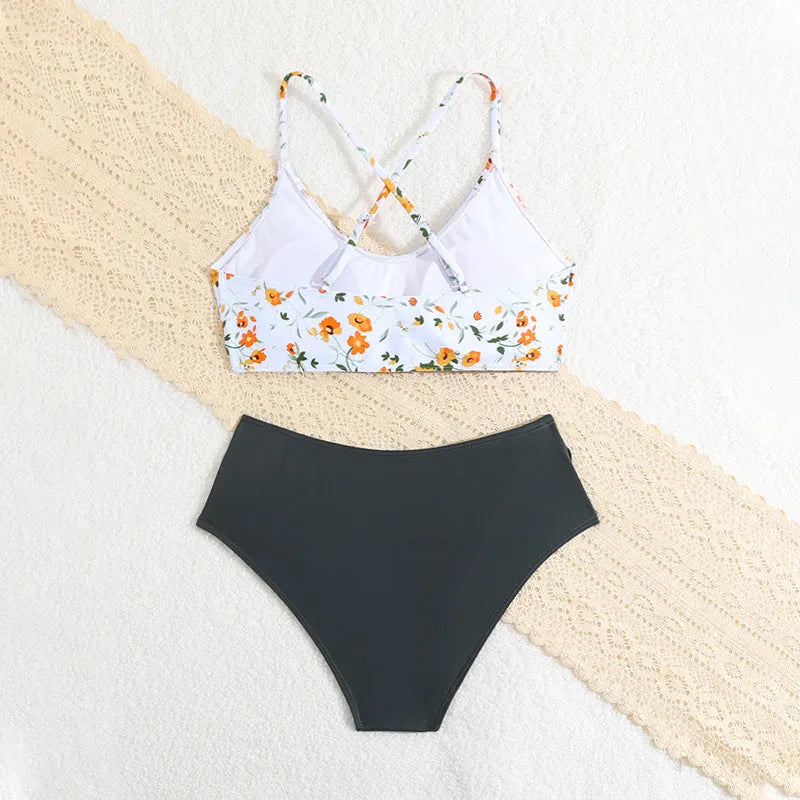 Girls floral print two-piece swimsuit set white background with cartoon and Japanese fresh pattern