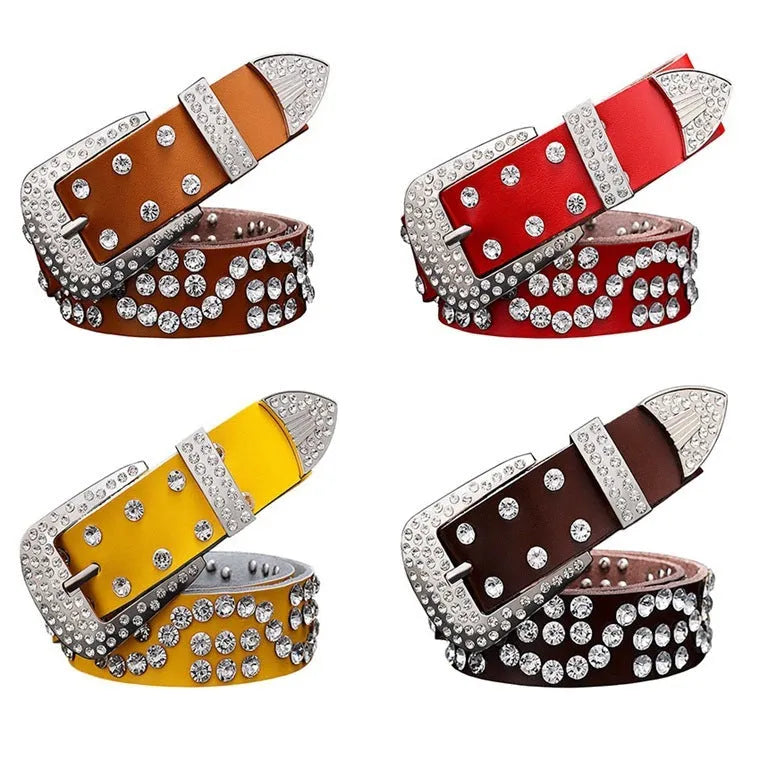 Ladies cowhide leather belt with rhinestone D-shape pin buckle, diamond-studded pattern, available in multiple colours and sizes
