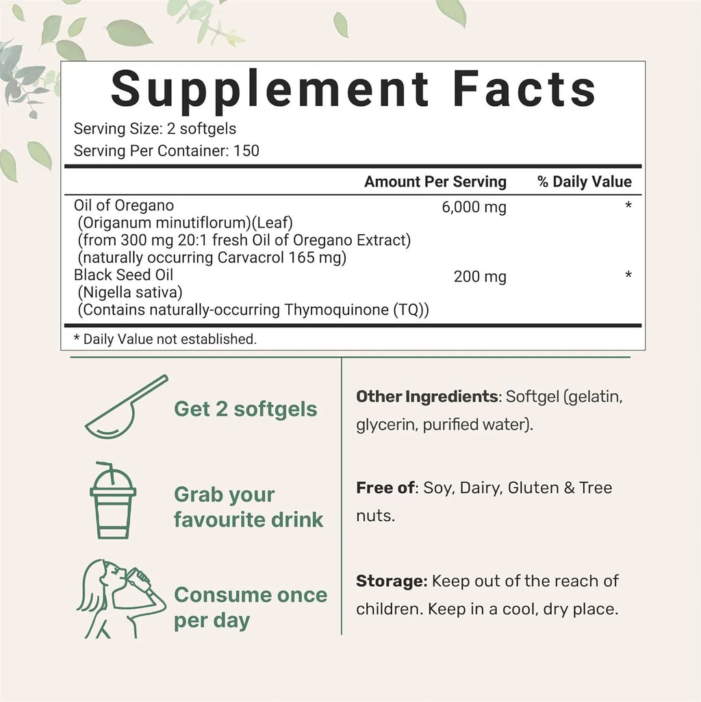 Black seed oil soft gel capsules supplement in bottle packaging, 180 or 300 count options
