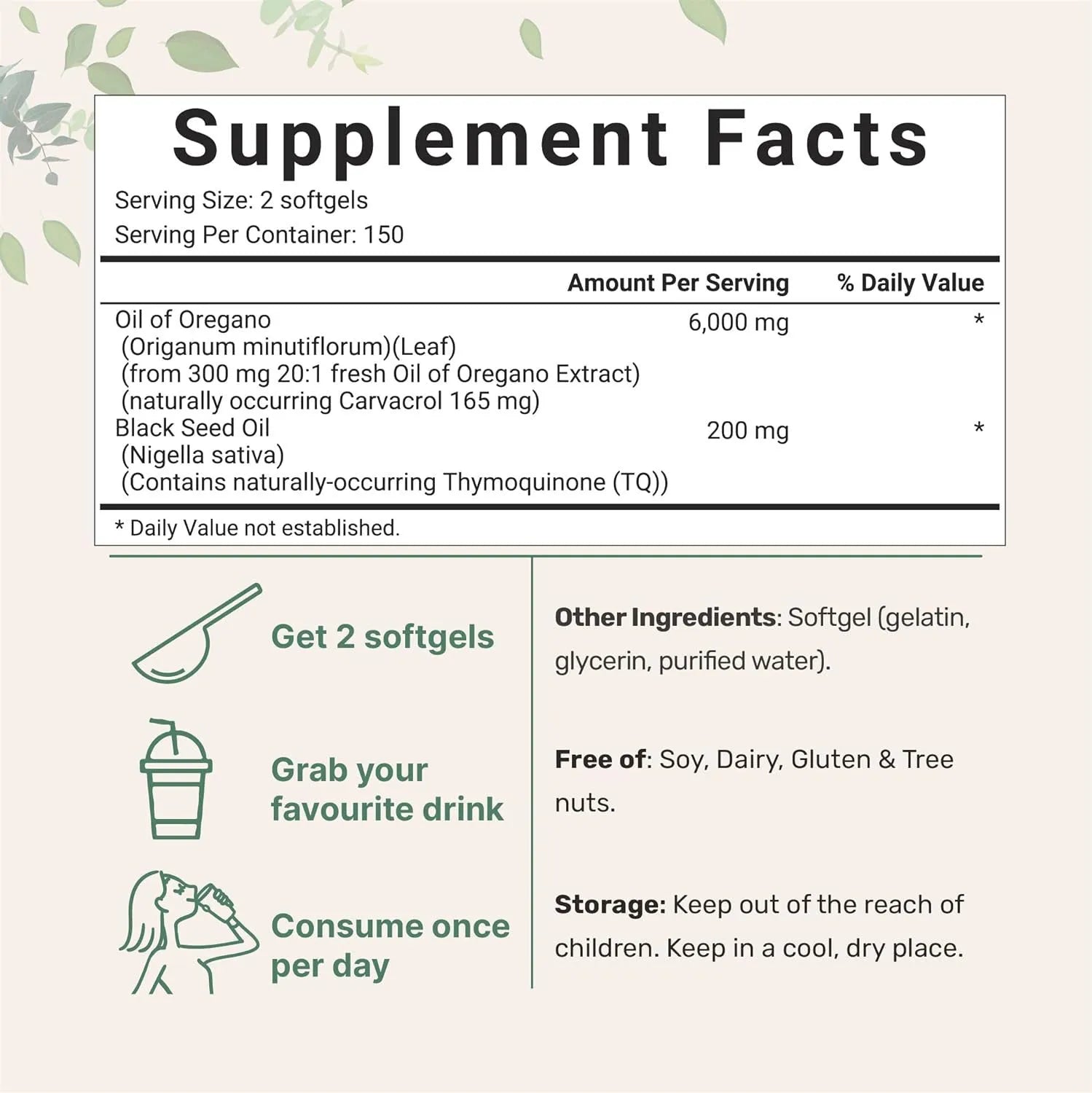Black seed oil soft gel capsules supplement in bottle packaging, 180 or 300 count options