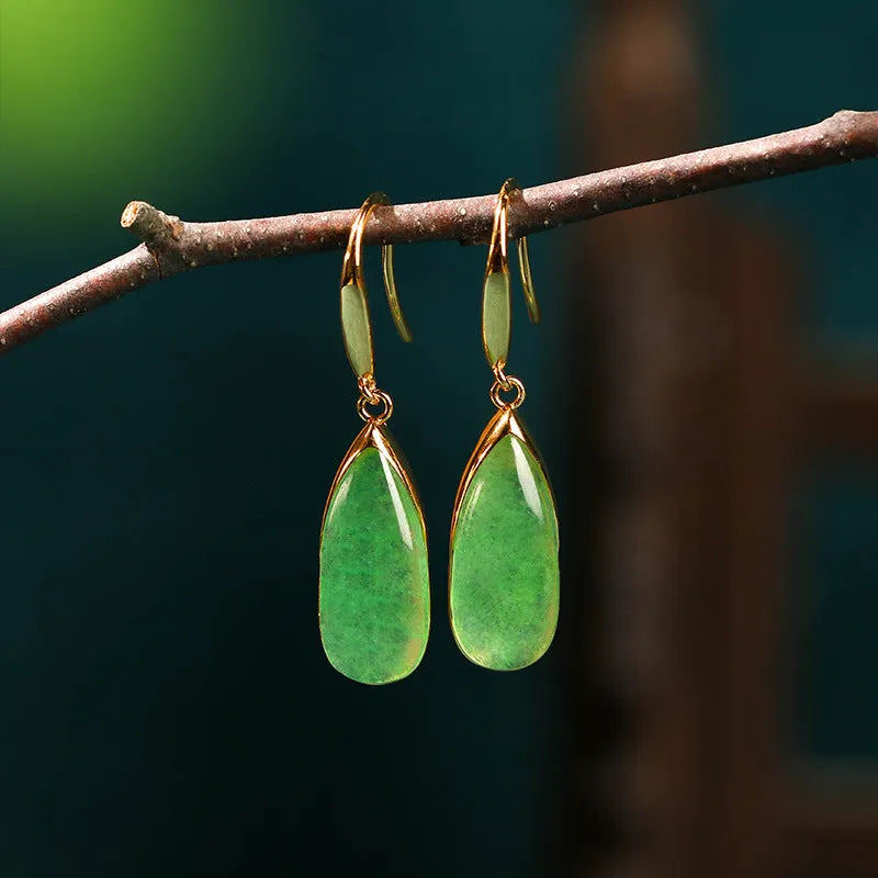 Copper geometric water droplet earrings with electroplated jade colour, Chinese retro style.