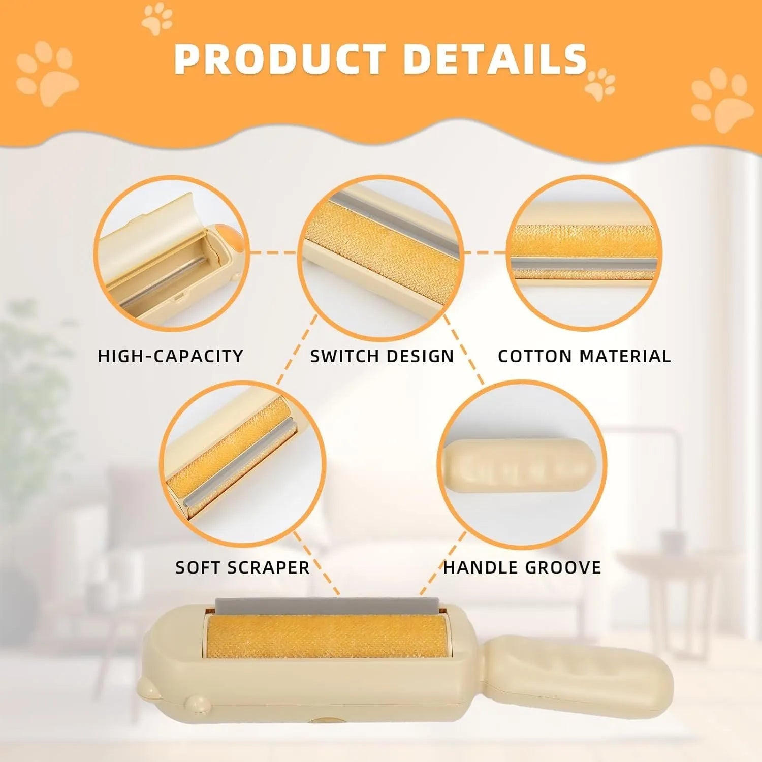 Blue reusable pet hair removal roller with self-cleaning base on a sofa