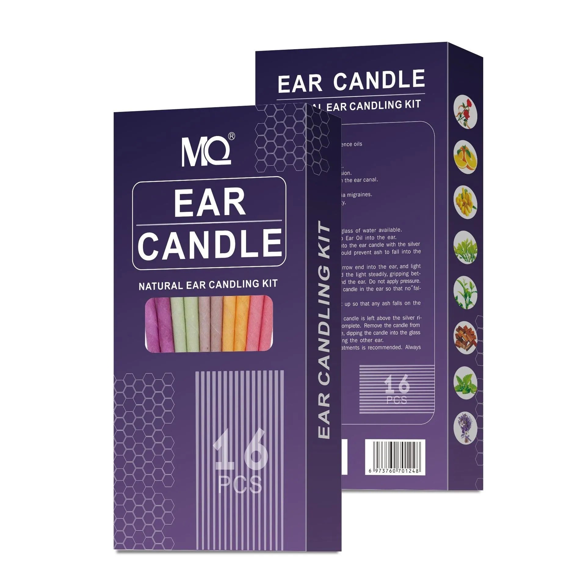Ear candle health massage set showing 16 candles, 8 protection boards, and 16 cotton swabs in 8 different colours