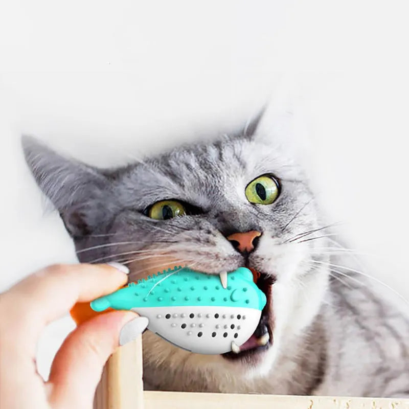 Blue silicone fish-shaped chew and teaser toy for cats on a plain background.