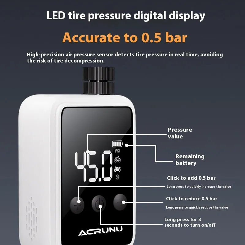 Bicycle intelligent digital display inflator in moon white with adaptors and Type-C cable