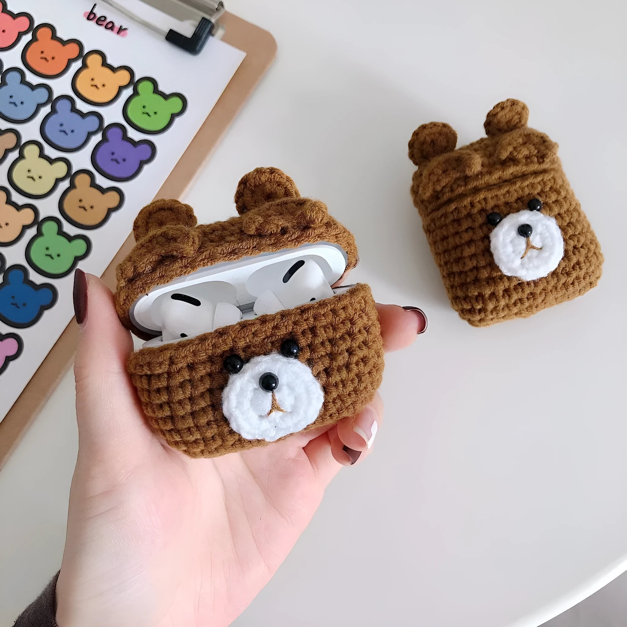 Plush brown bear flip-style Bluetooth headset case for AirPods 1 2 3 and Pro soft knit material