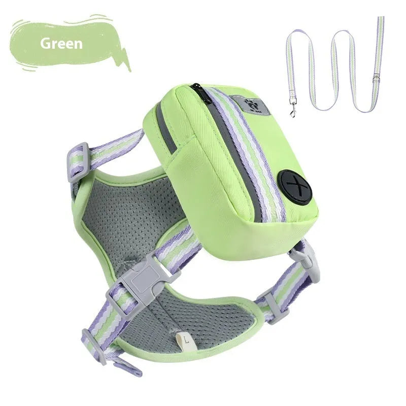 Pink explosion-proof dog harness with Y-front design and safety buckle on a dog, includes a 1.5m lead.