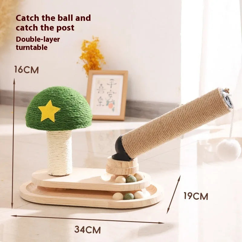 Solid wood cat scratching board toy with rotating turntable mechanism and felt mouse accessories