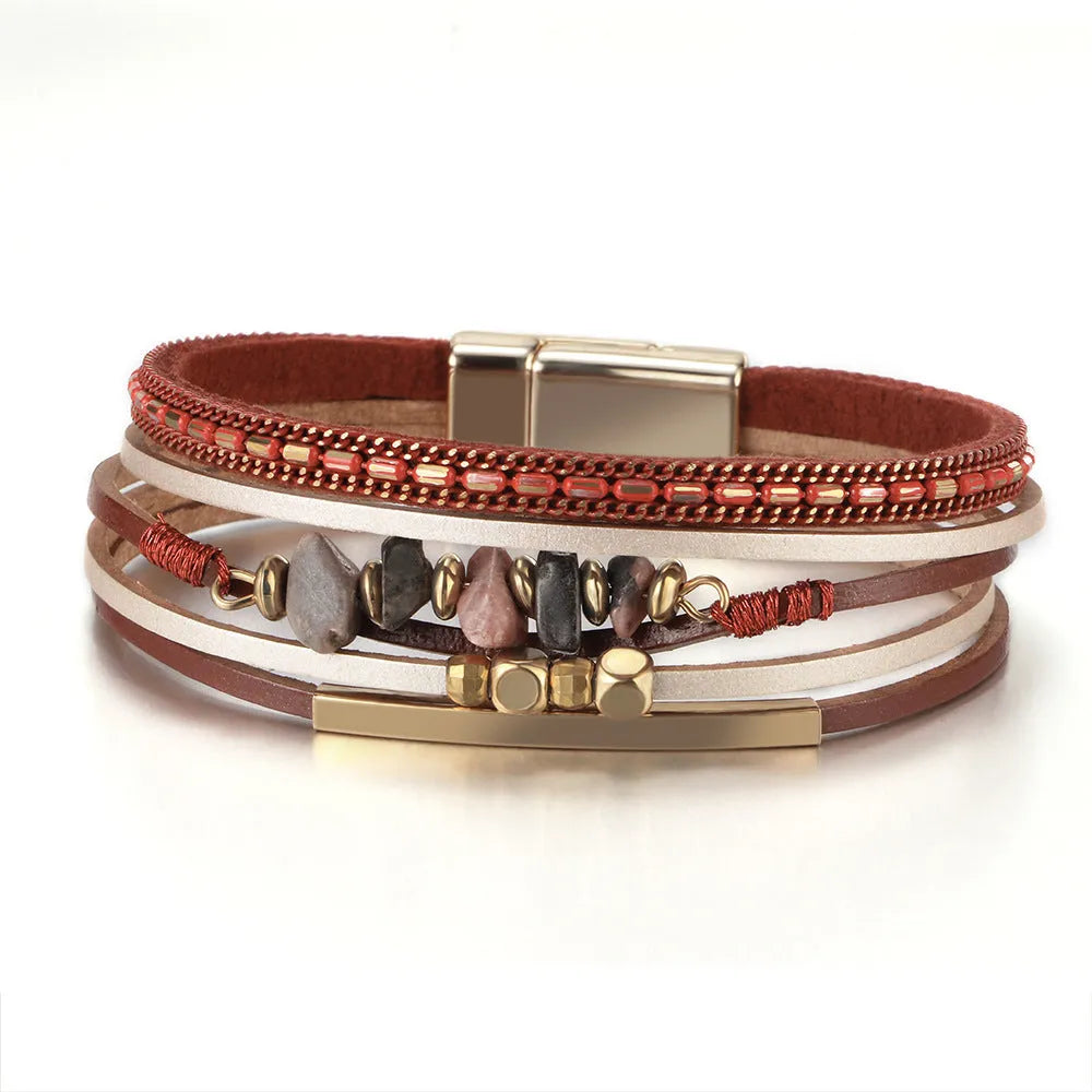 Boho copper tube bracelet with natural stone and magnetic snap on leather band, seven colour options