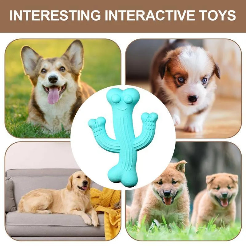 Beige, blue, and purple cactus-shaped dog chew toy made from bamboo fibre and rubber