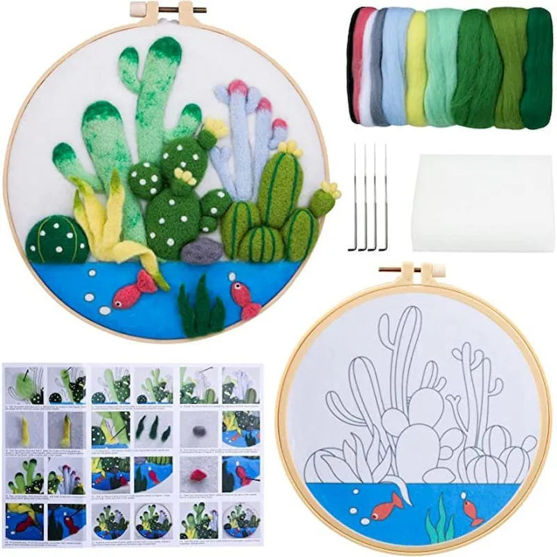 Round linen embroidery frame with wool felt floral decoration kit for three-dimensional wall art