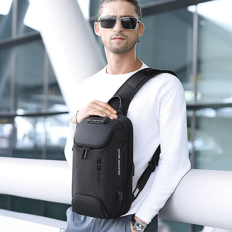Men's Oxford cloth waist chest bag in black or grey, 21x12x35cm, with main bag, IPAD bag and compartment bag