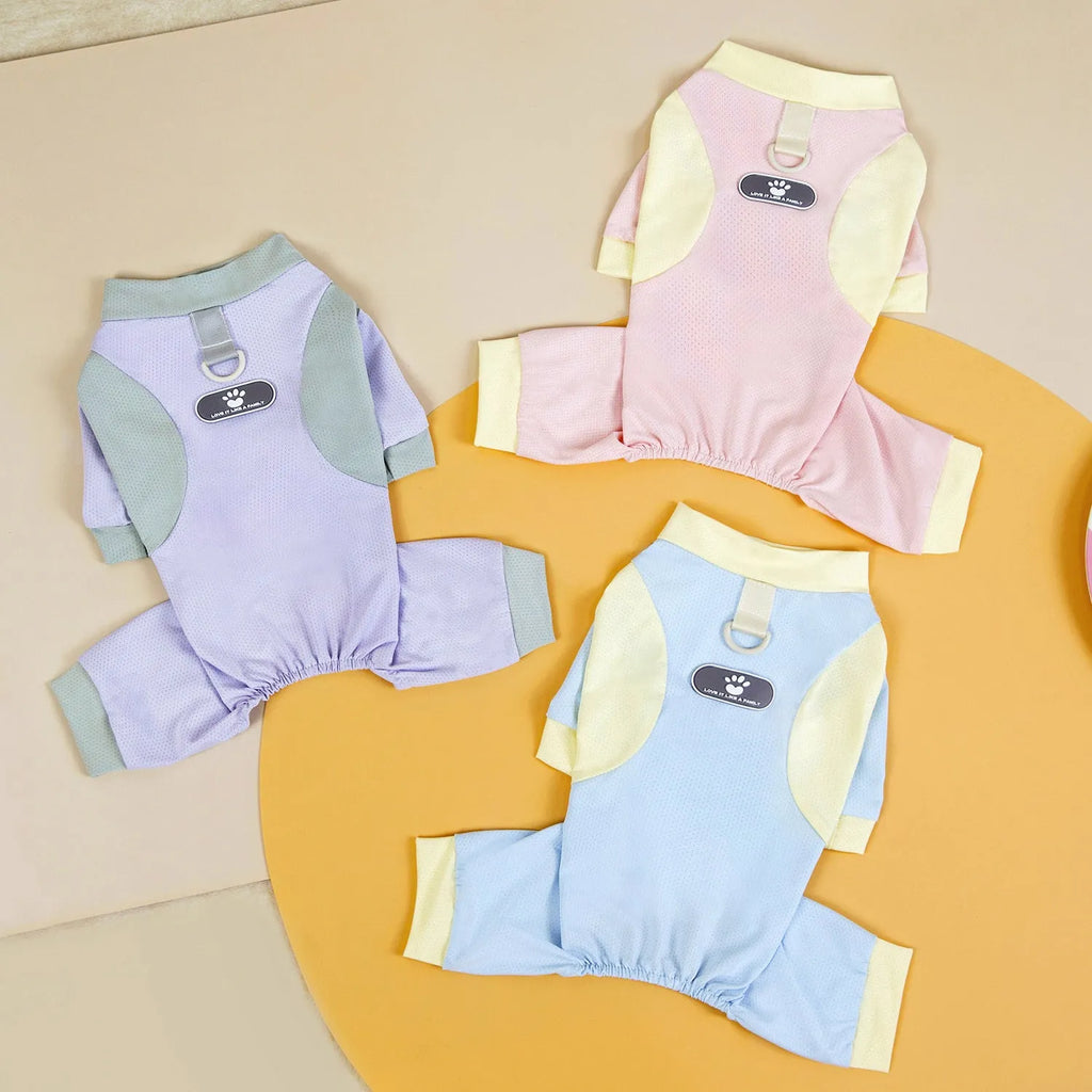 Ice silk mesh polyester pet sun protection suit in blue, pink, or purple, one-piece pet clothing sizes S-XXL