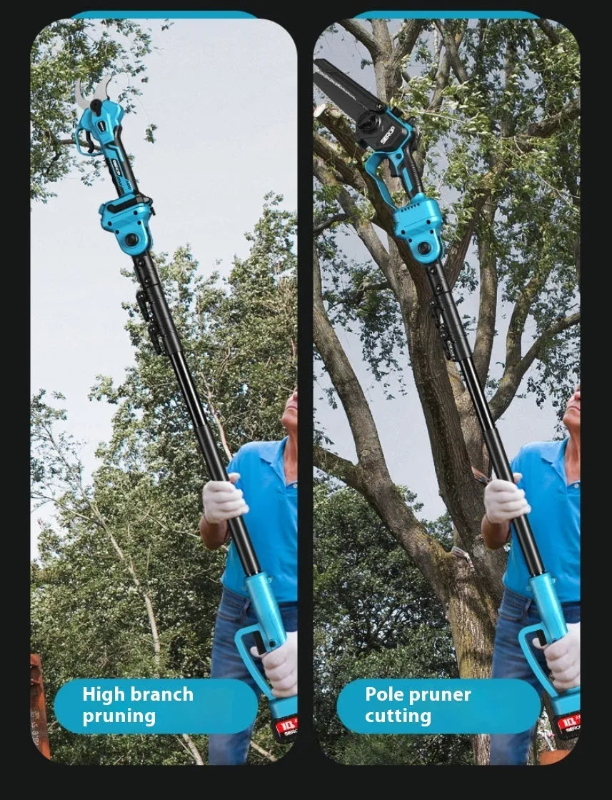 Electric pruning saw with 6-inch SK5 steel blade and 2.5m extension pole on a garden background