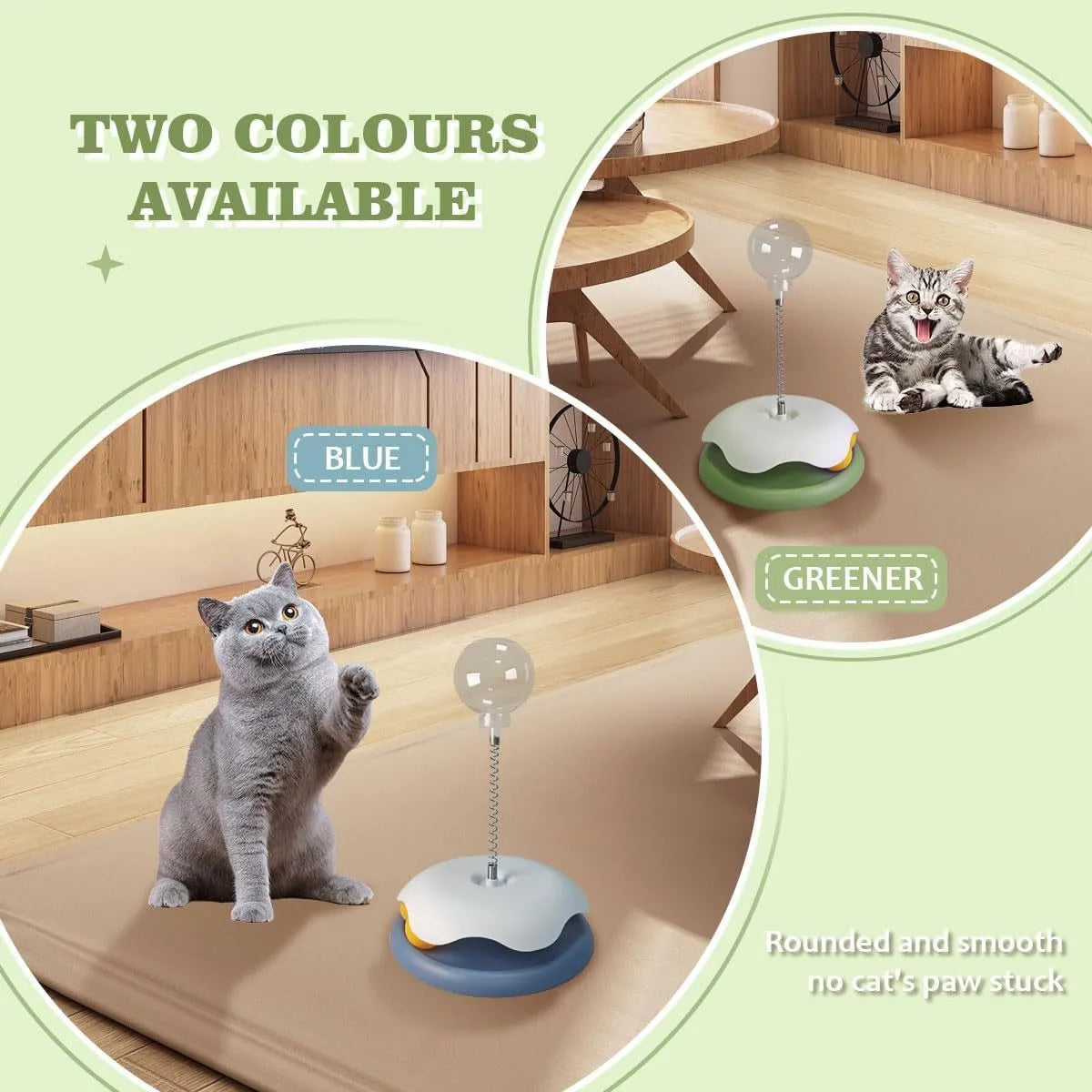Blue interactive cat treat dispenser toy with track ball on a white background