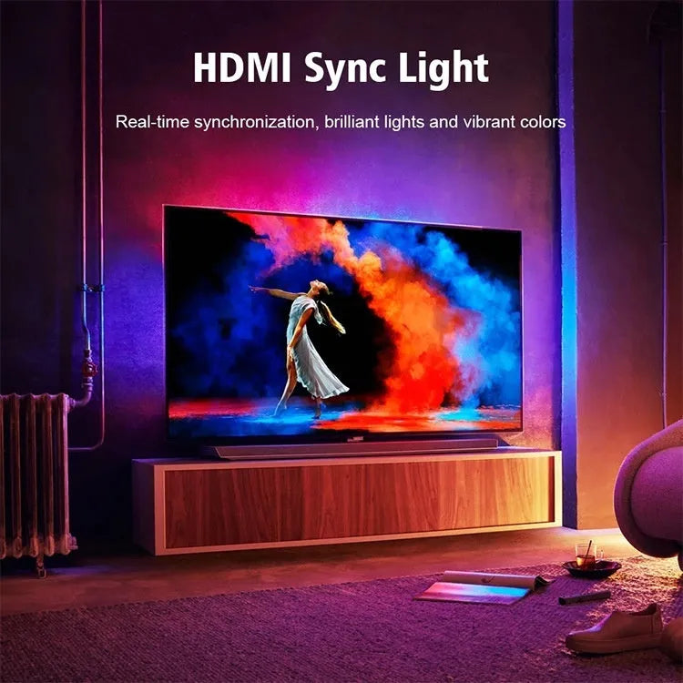 TV ambience light strip with colourful LED illumination positioned behind television for background lighting effects