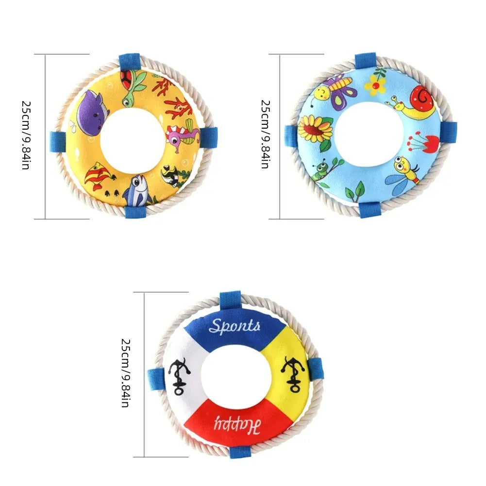 Soft plush dog pull ring chew toy with squeaker in yellow fish design.