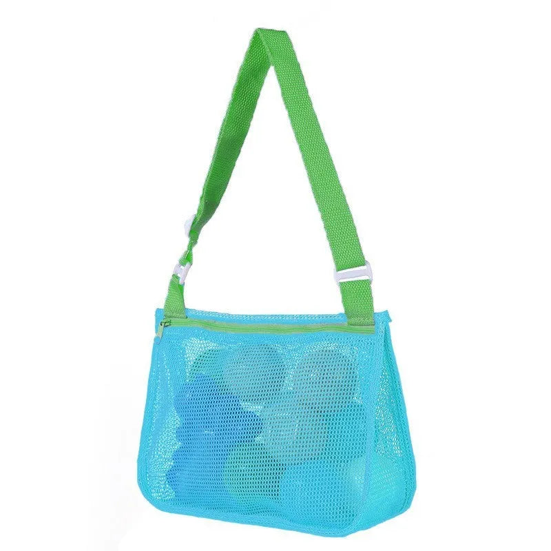 Blue nylon mesh travel storage bag with zip closure for children's toys and clothes
