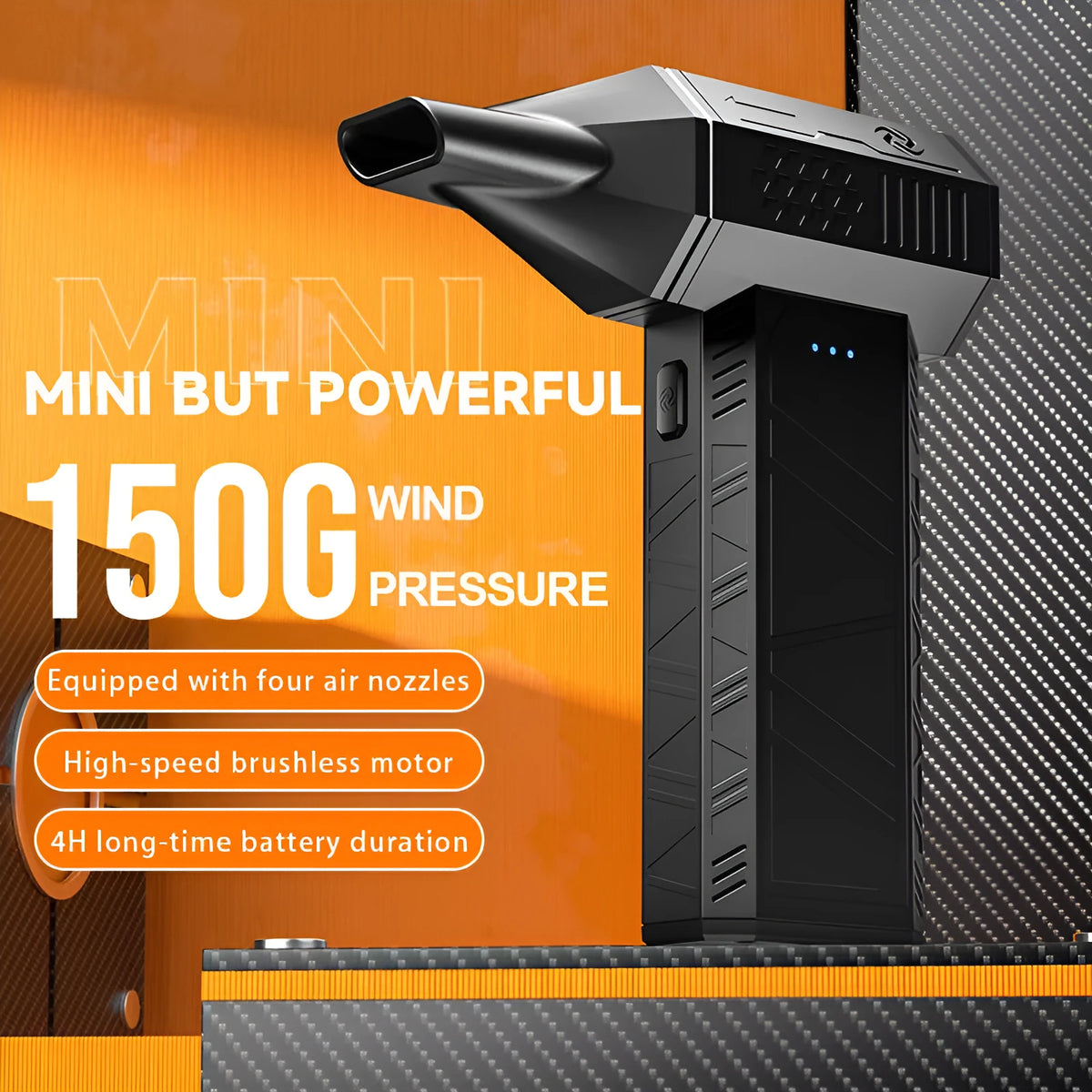 Black integrated mini turbo hair dryer, brushless motor, 131x86x37mm, with four nozzles and USB charging.