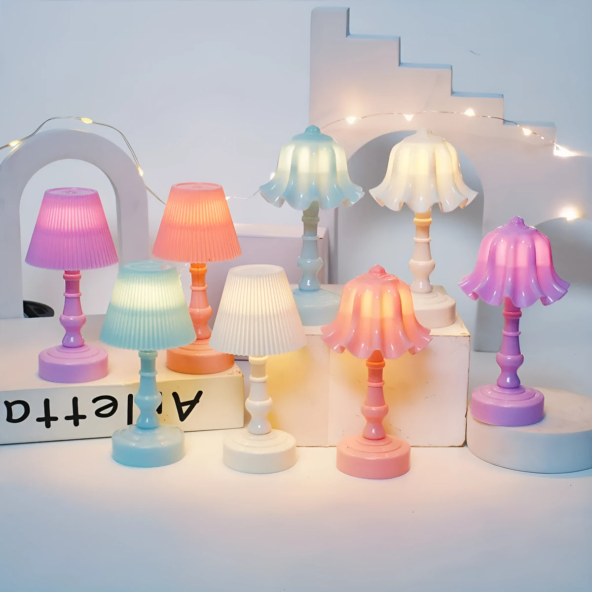 Decorative cute table lamp with built-in battery, cartoon geometric stereo shape, Blue Bell Flower size, and pleated or bell flower colour options