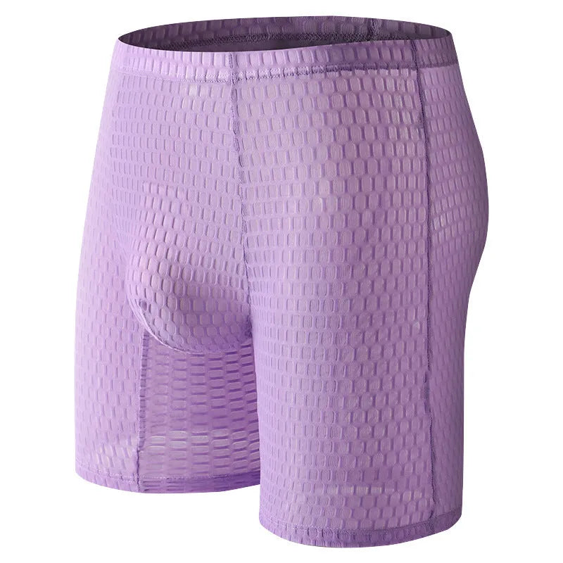 Men's lace shaping boxer underwear in white, black, rose red, green and light purple colours.