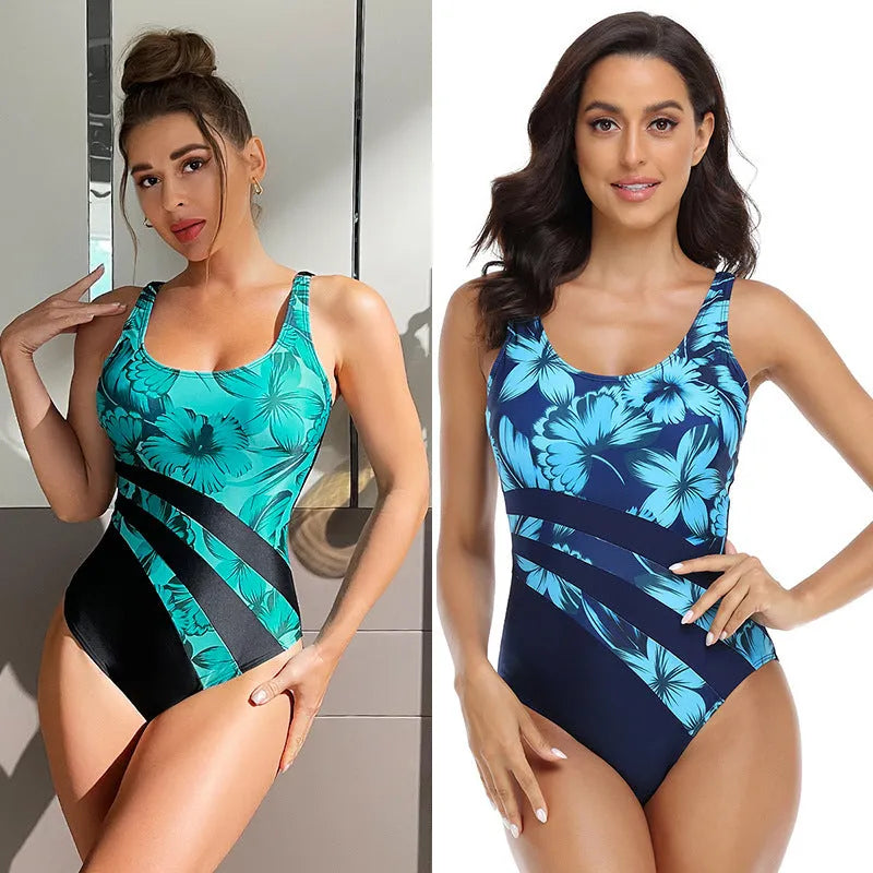 Blue printed conservative one-piece women's swimsuit with tight-fitting briefs.