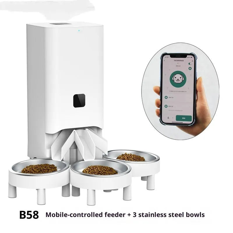 Multiple smart pet automatic feeder B58 with timed and quantitative feeding, three stainless steel bowls, white body