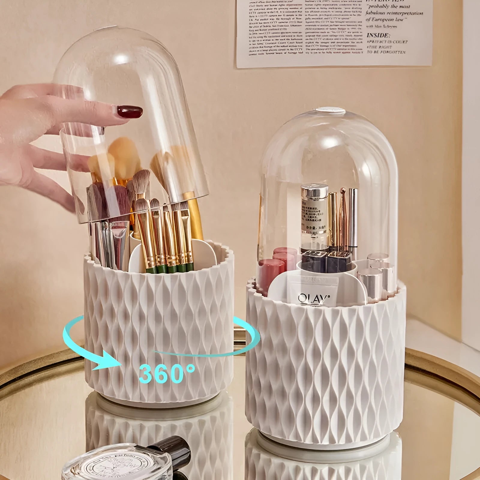 White rotating transparent makeup brush holder with dustproof lid on desktop