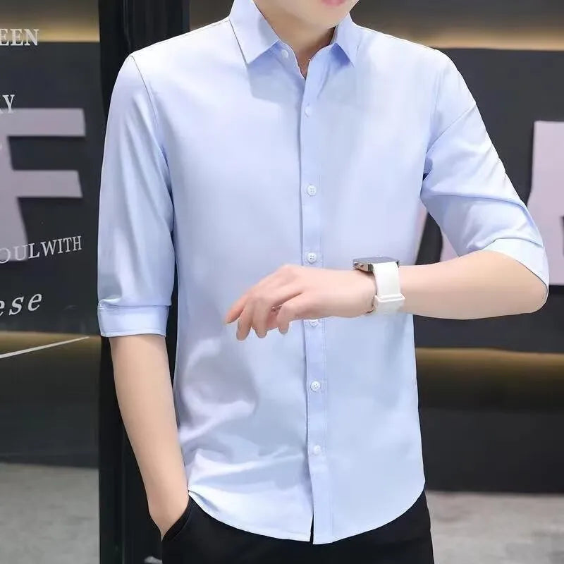 Men's slim-fit half-sleeve shirt in linen and silk blend available in multiple colours.