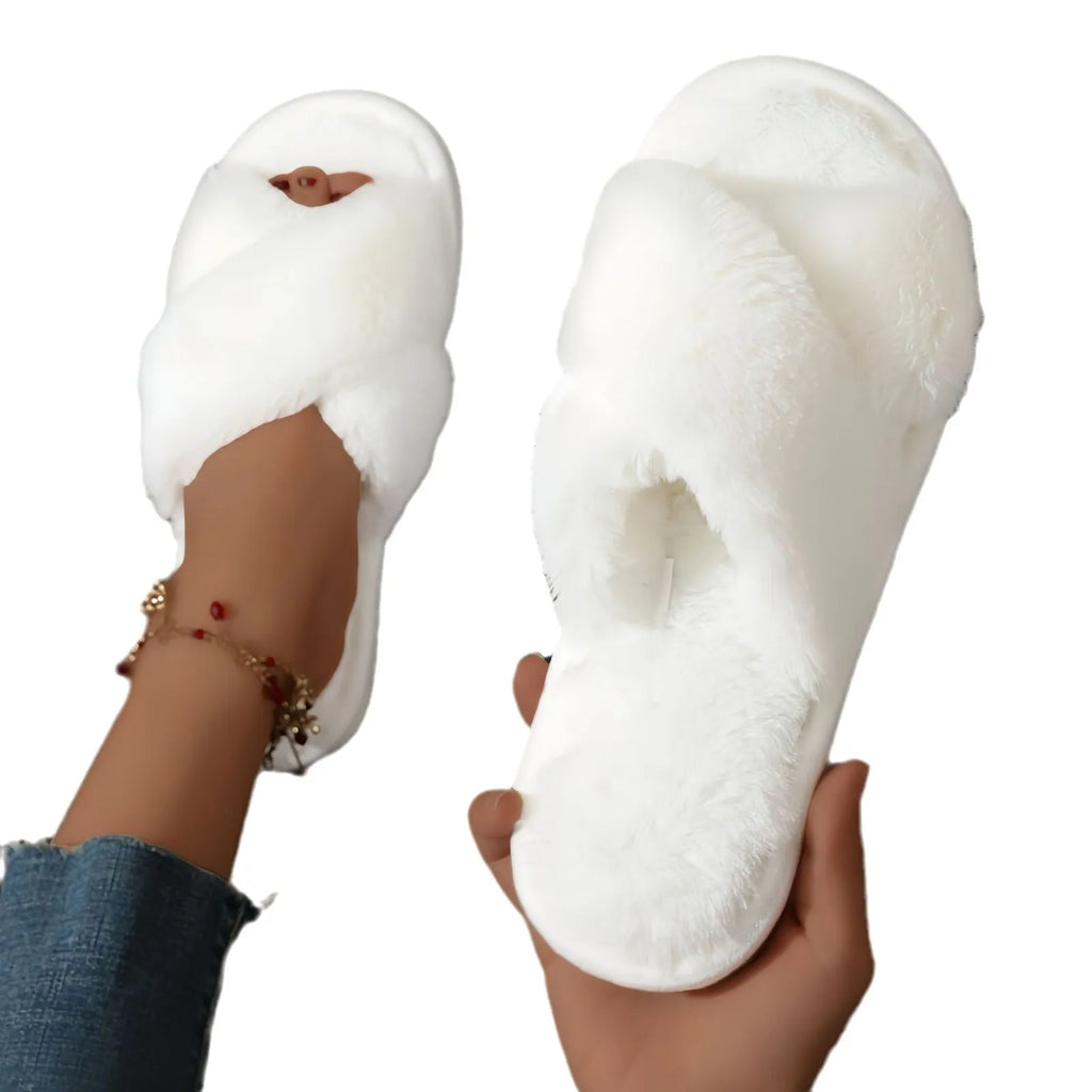 Women's cross plush slippers with open toe and EVA sole in brown colour