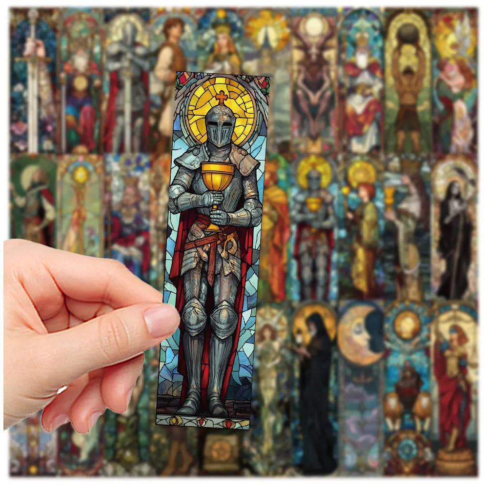 Set of 30 painted glass tarot bookmarks with cute designs on paper, showing colourful illustrations
