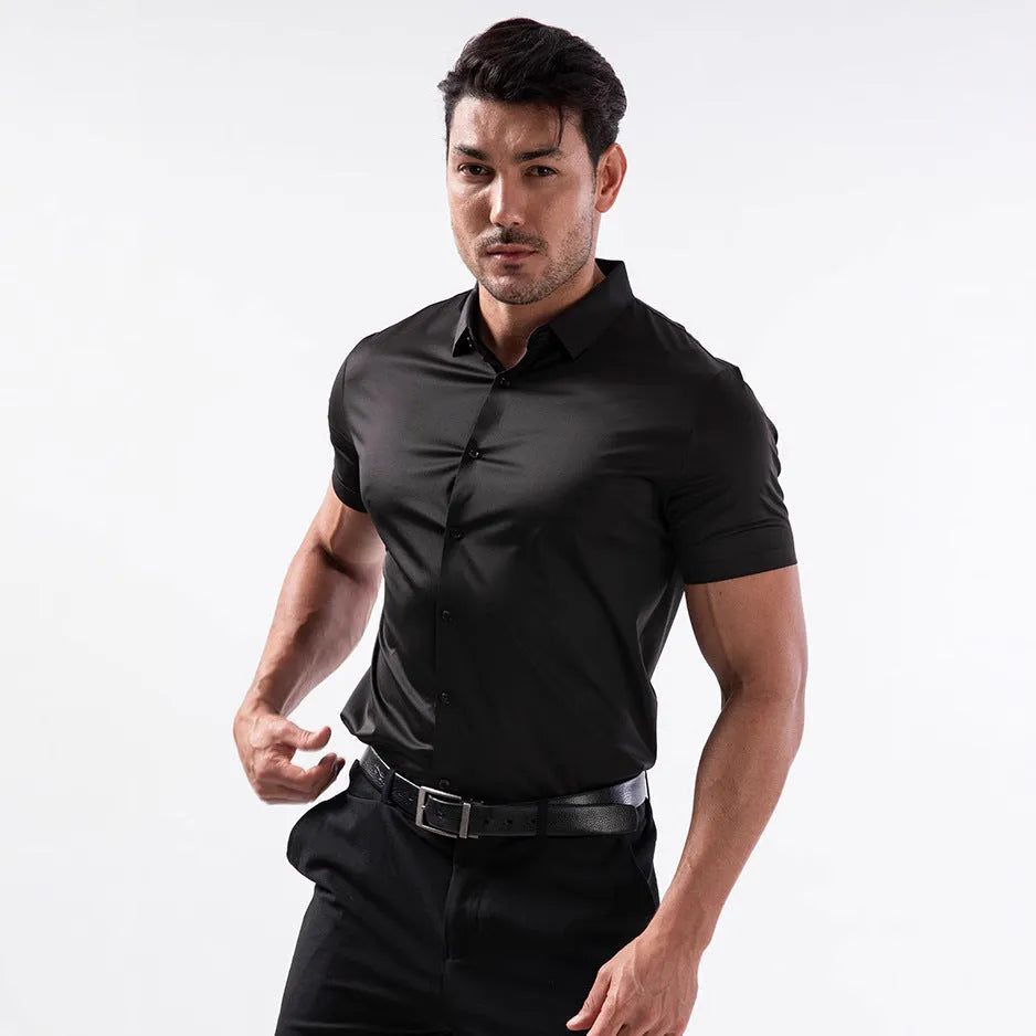 Men's short sleeve elastic shirt in cardigan style, non-ironing fabric, multiple colour options on hanger.