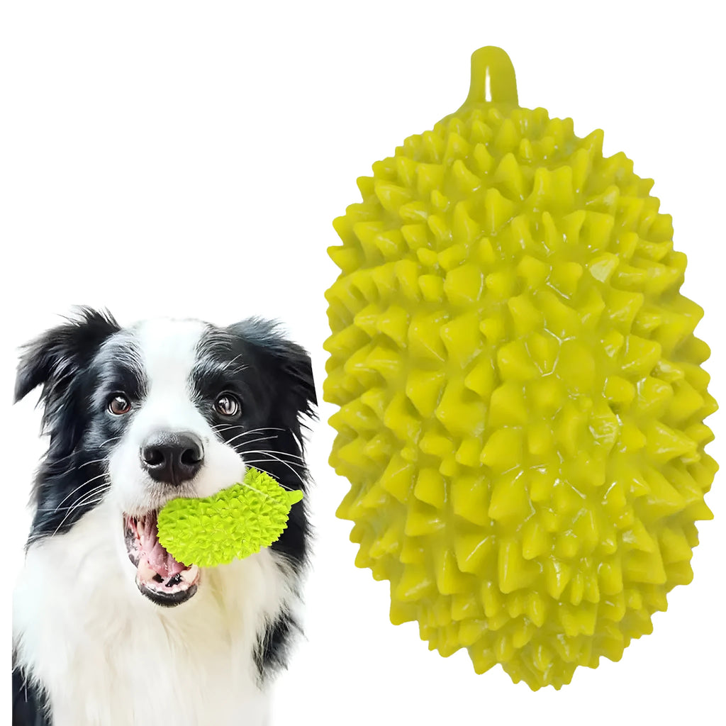 Beige, green and yellow durian-shaped dog chew toy with raised texture for dental cleaning