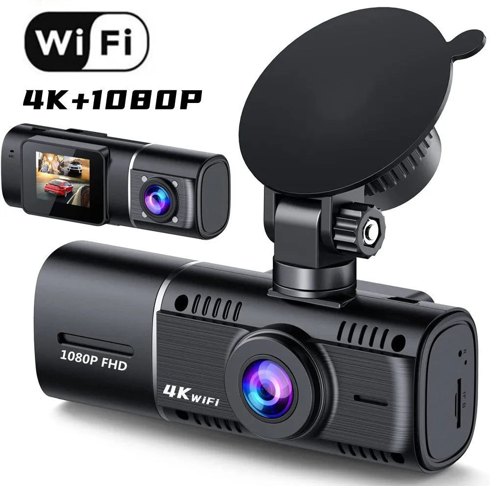 Black dual-lens car dash cam with 1.5-inch screen, mount, and car charger on a dashboard.