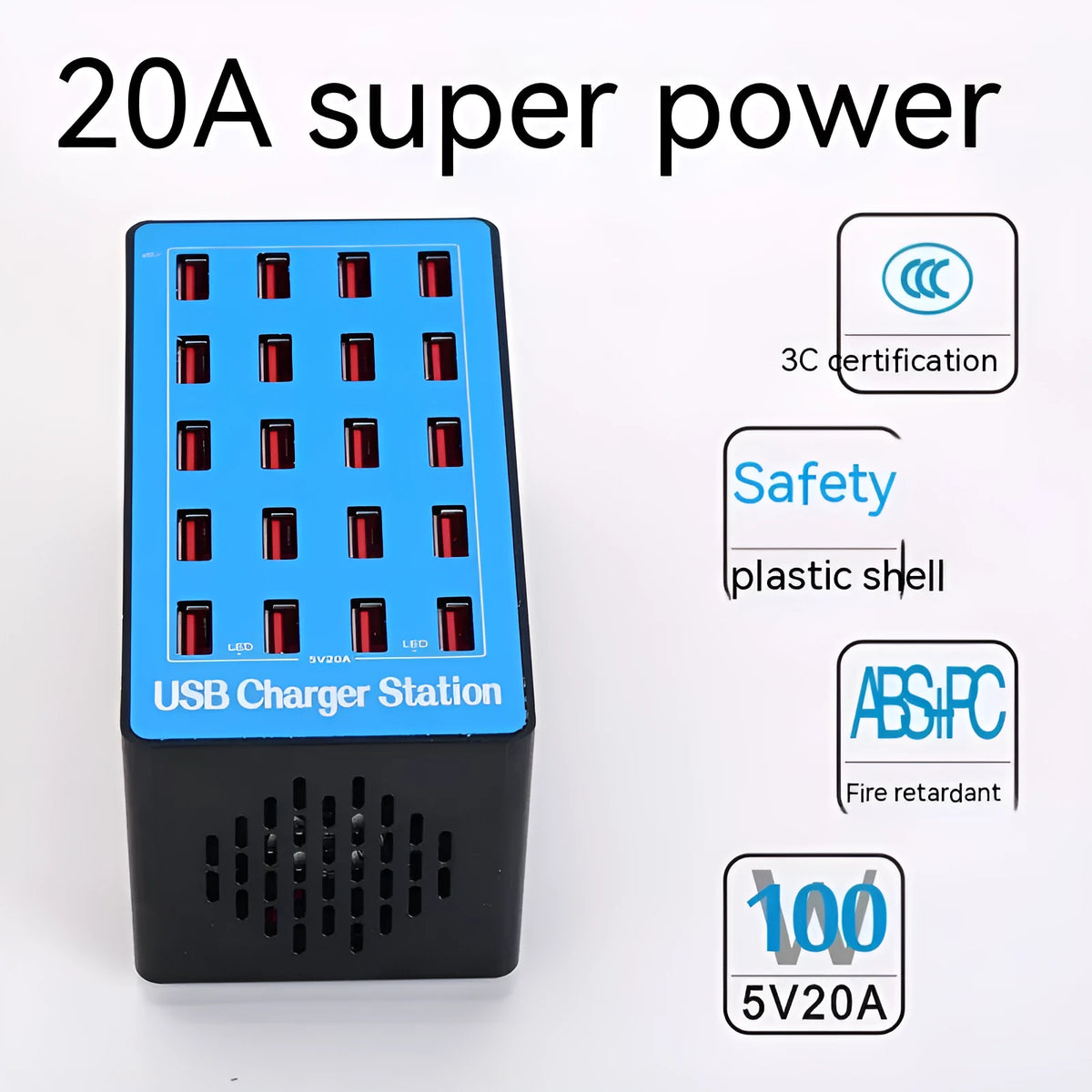 20-port USB charging station in Blue A5 with PC ABS fire retardant housing and UK EU US AU power supply option