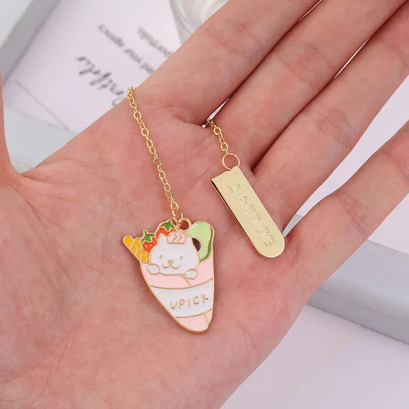 Jane Key Foodie Cute Cat metal bookmark with cartoon pendant in choice of four colour styles.